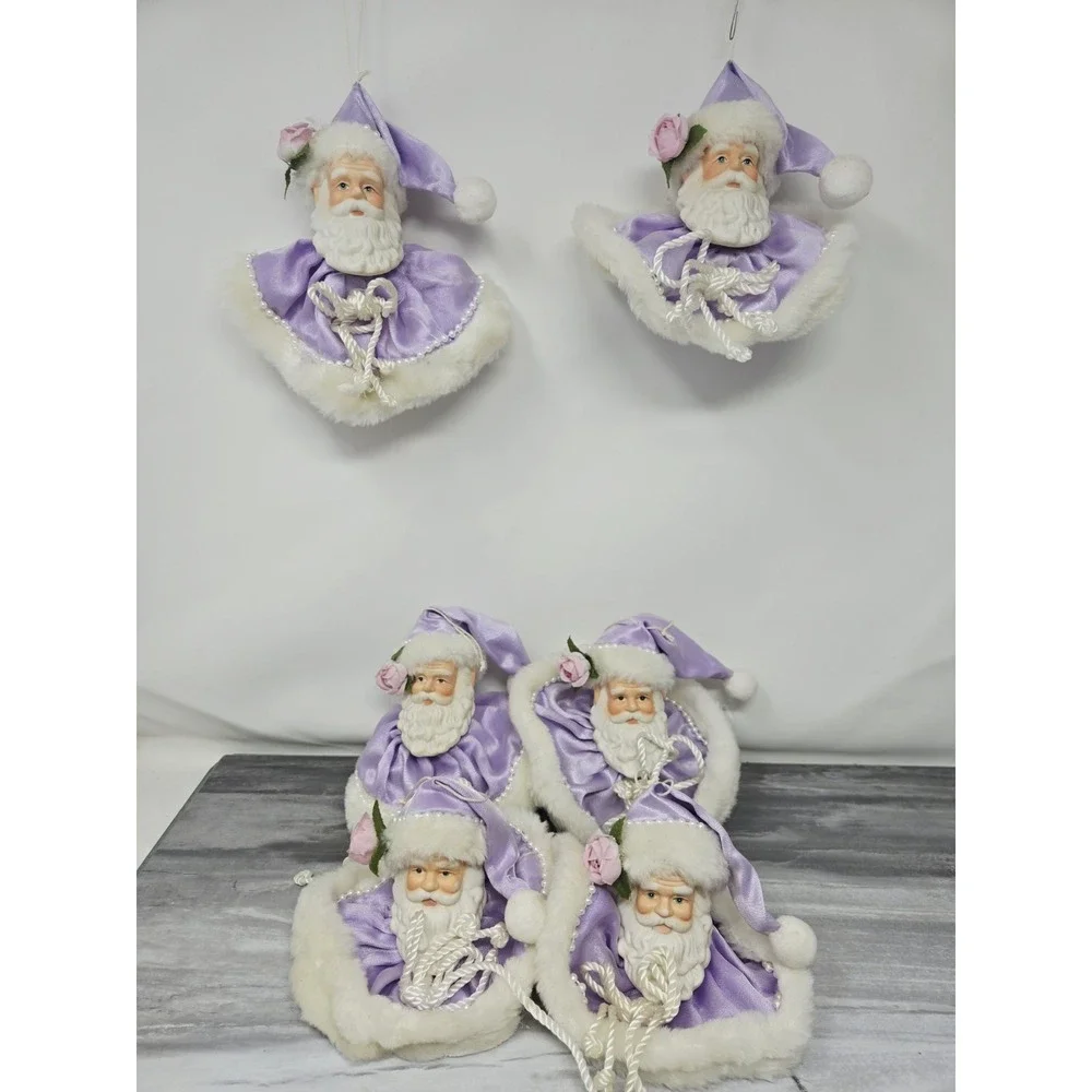 Vintage Santa Head Ornament Or Shelf Sitter White  Purple w Porcelain Face Lot 6